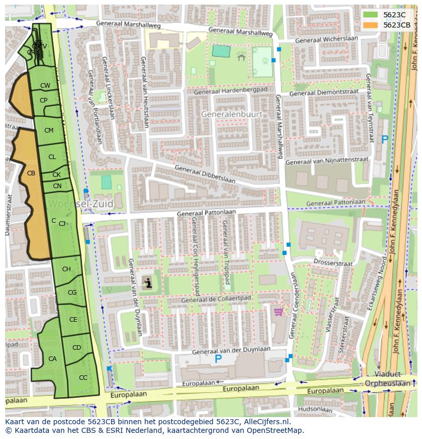 Afbeelding van het postcodegebied 5623 CB op de kaart.