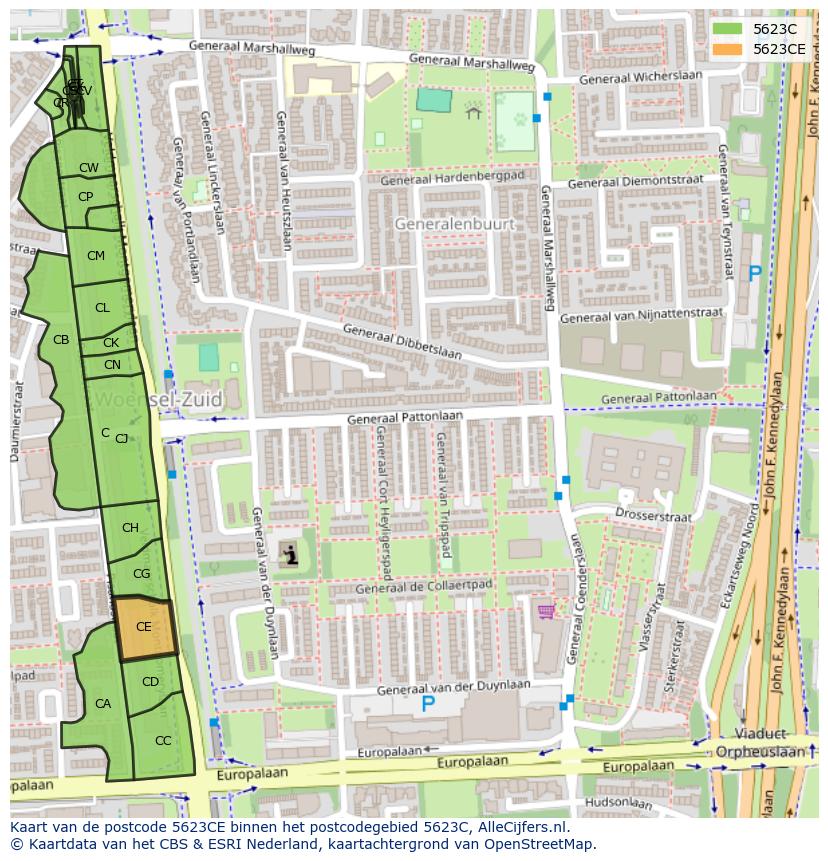 Afbeelding van het postcodegebied 5623 CE op de kaart.