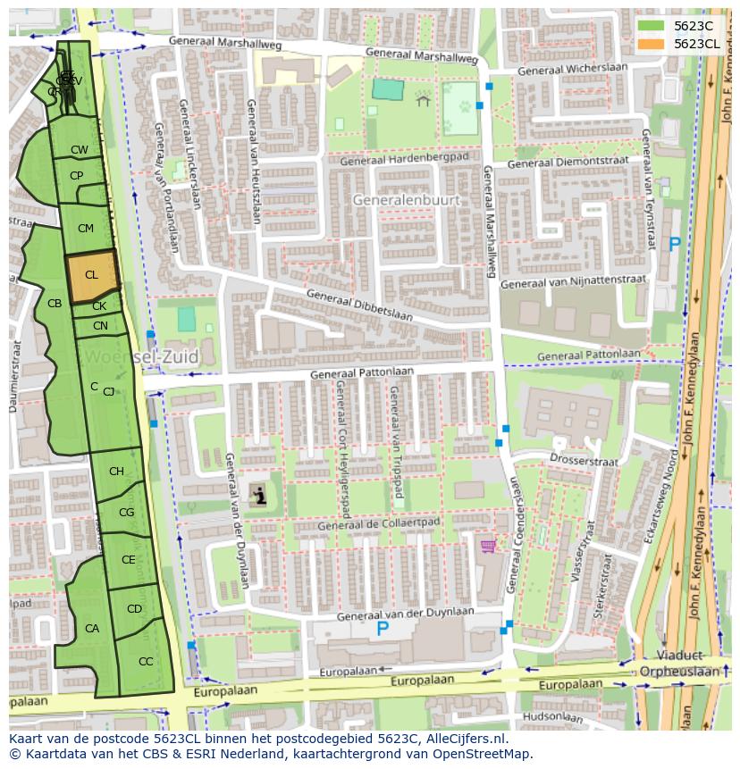Afbeelding van het postcodegebied 5623 CL op de kaart.