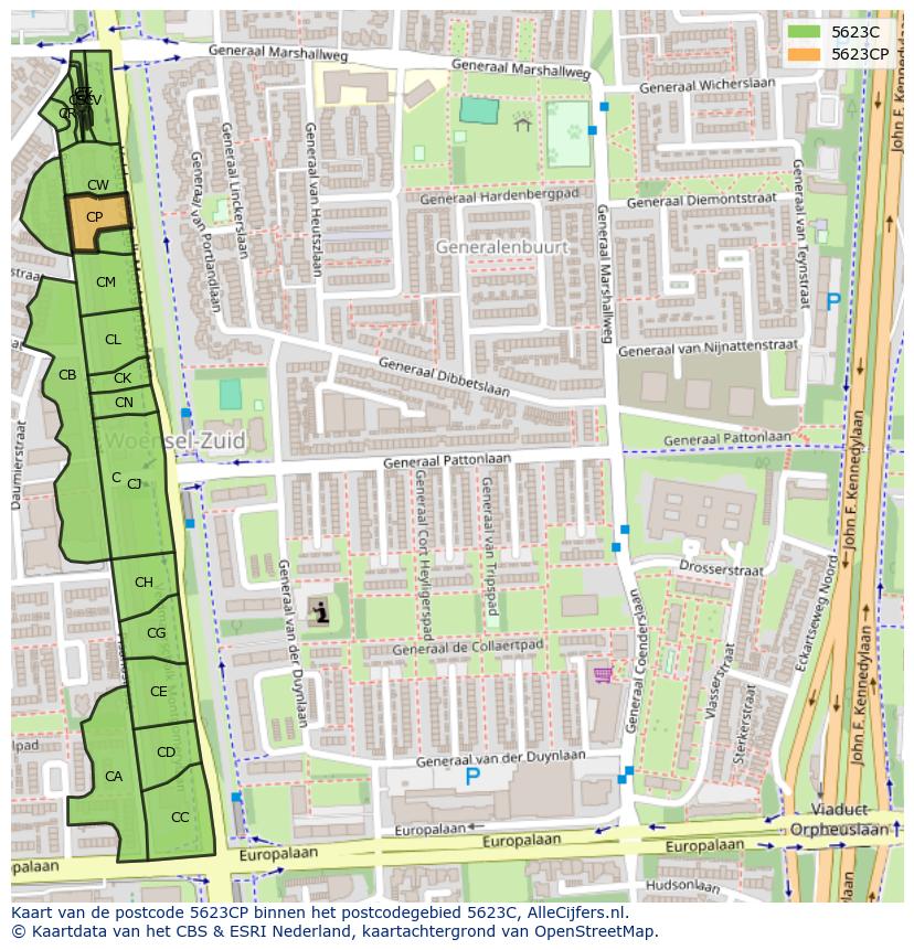Afbeelding van het postcodegebied 5623 CP op de kaart.