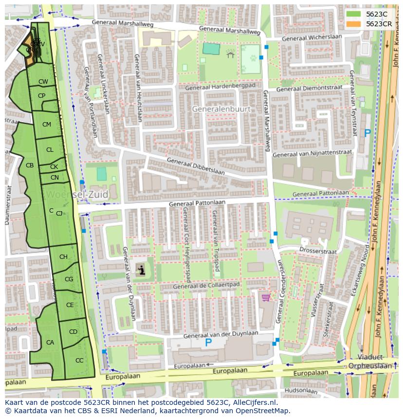 Afbeelding van het postcodegebied 5623 CR op de kaart.