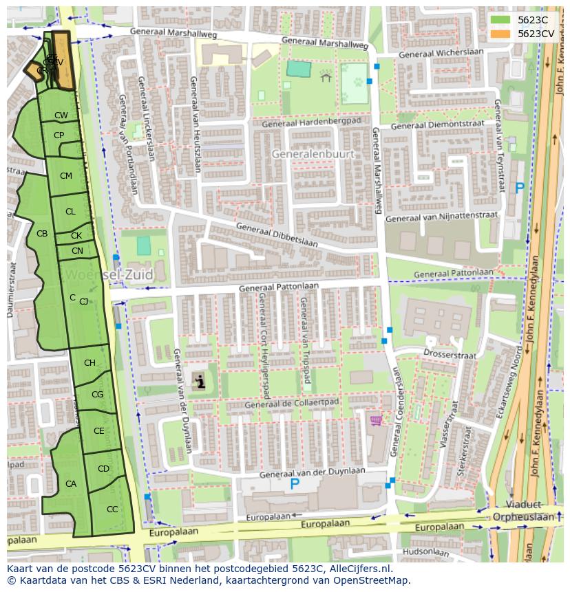 Afbeelding van het postcodegebied 5623 CV op de kaart.