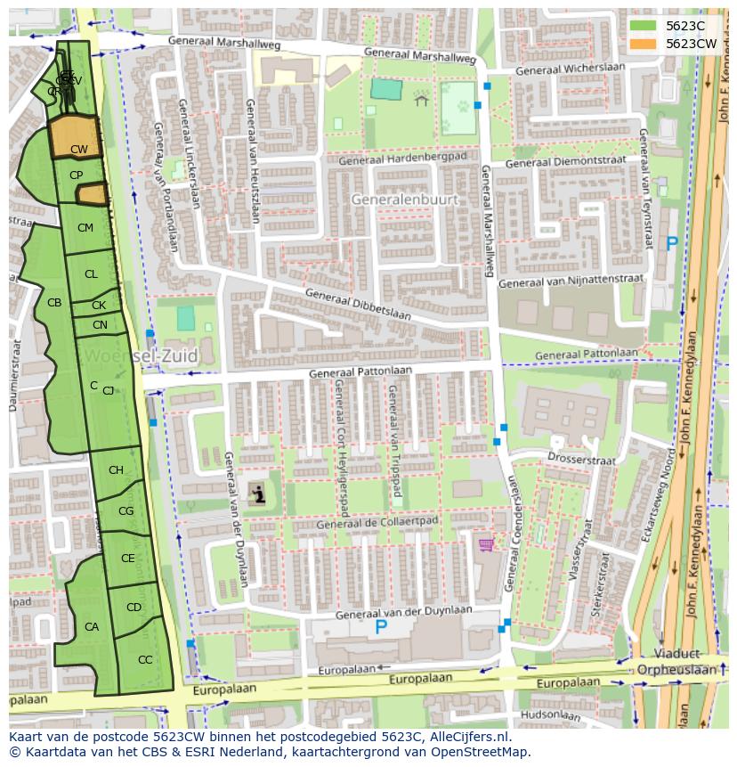 Afbeelding van het postcodegebied 5623 CW op de kaart.