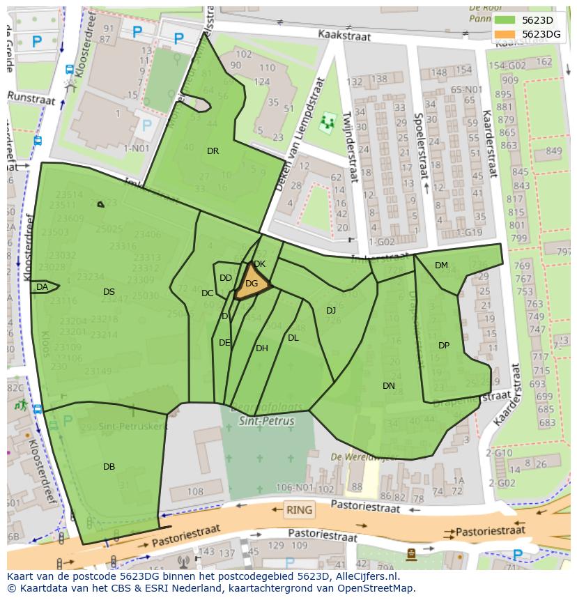 Afbeelding van het postcodegebied 5623 DG op de kaart.
