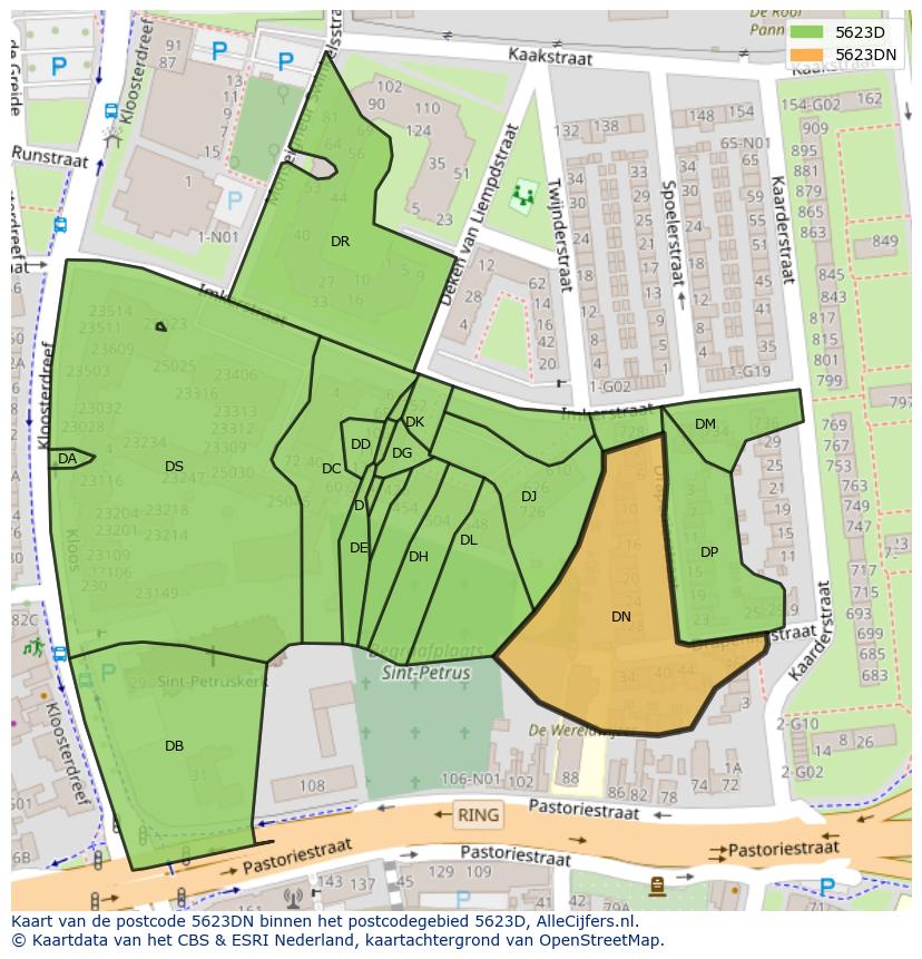 Afbeelding van het postcodegebied 5623 DN op de kaart.