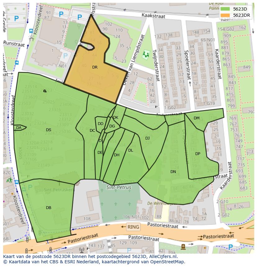 Afbeelding van het postcodegebied 5623 DR op de kaart.