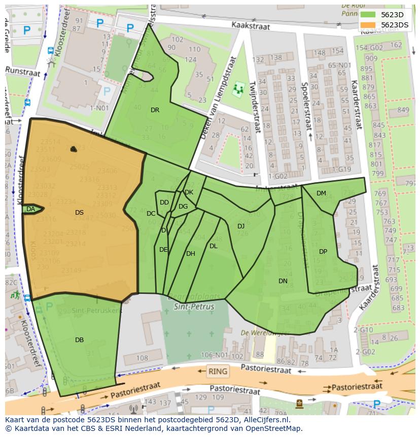 Afbeelding van het postcodegebied 5623 DS op de kaart.