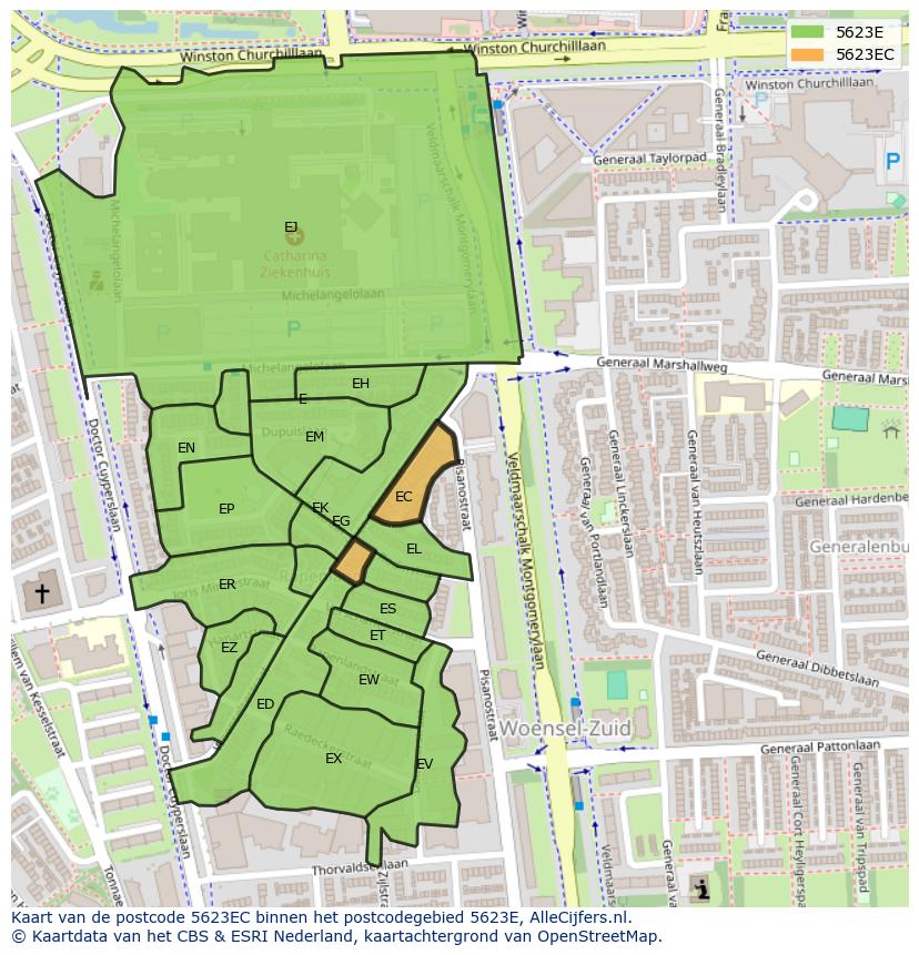 Afbeelding van het postcodegebied 5623 EC op de kaart.