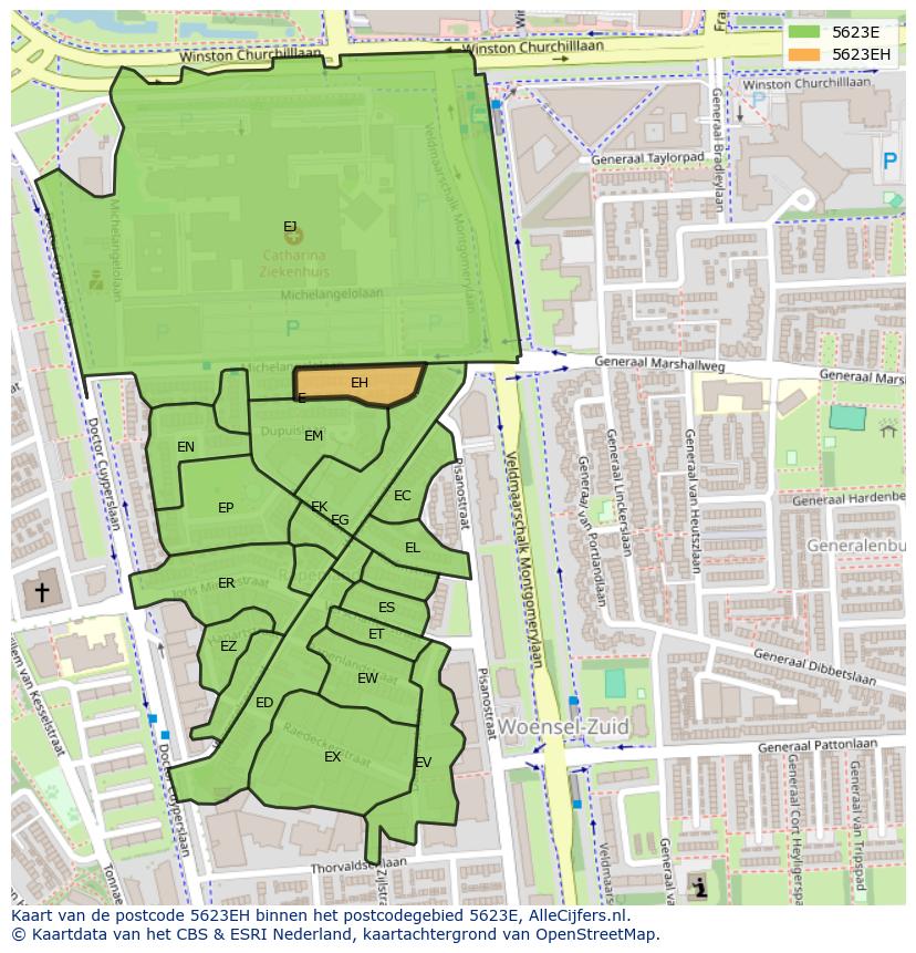 Afbeelding van het postcodegebied 5623 EH op de kaart.