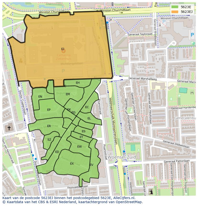 Afbeelding van het postcodegebied 5623 EJ op de kaart.