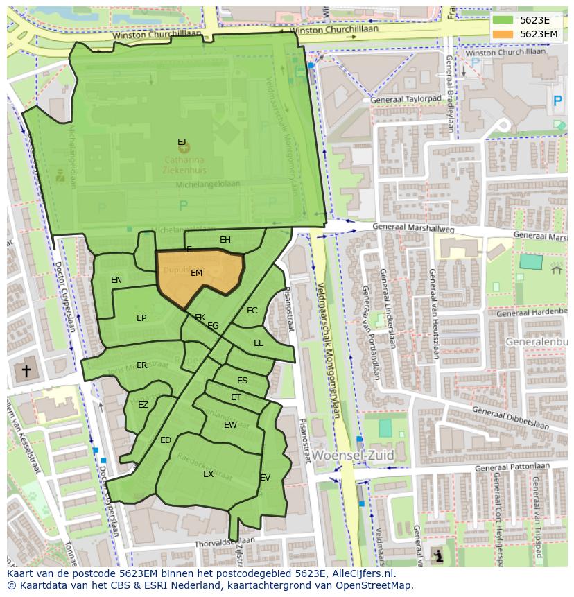 Afbeelding van het postcodegebied 5623 EM op de kaart.