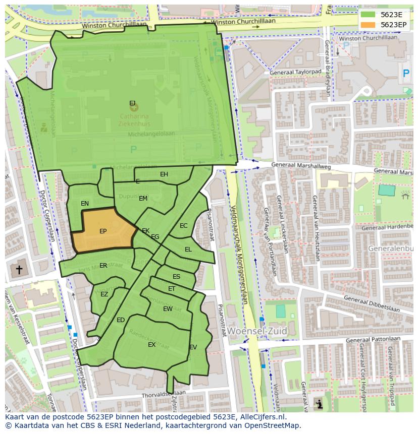Afbeelding van het postcodegebied 5623 EP op de kaart.
