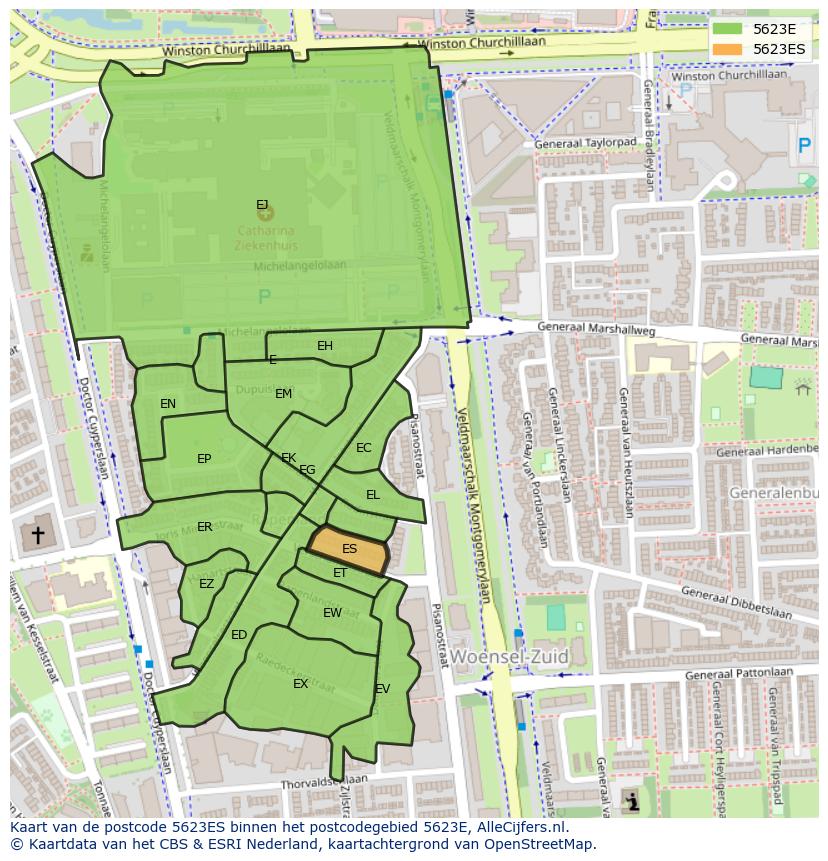 Afbeelding van het postcodegebied 5623 ES op de kaart.