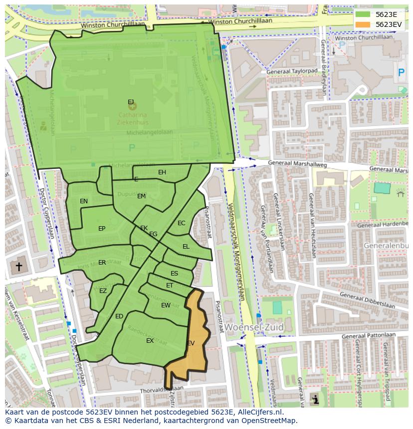 Afbeelding van het postcodegebied 5623 EV op de kaart.