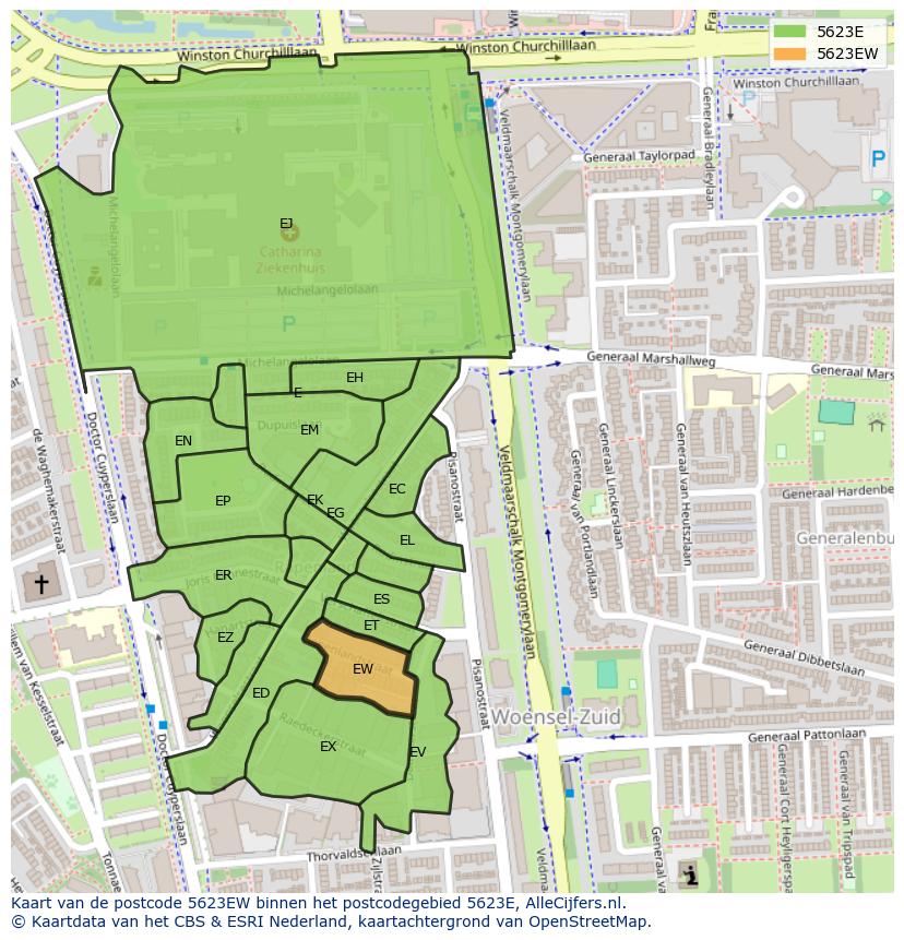 Afbeelding van het postcodegebied 5623 EW op de kaart.