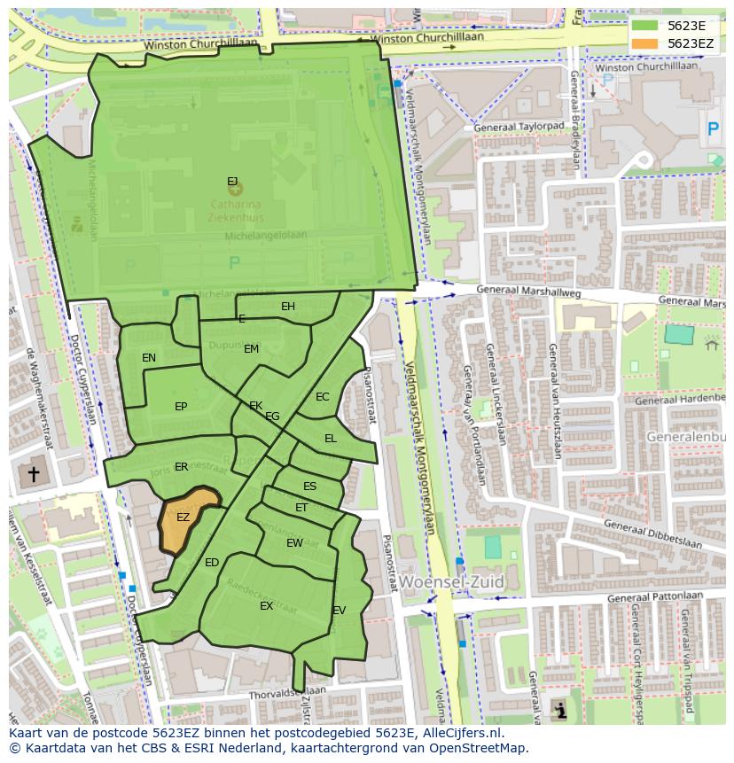 Afbeelding van het postcodegebied 5623 EZ op de kaart.