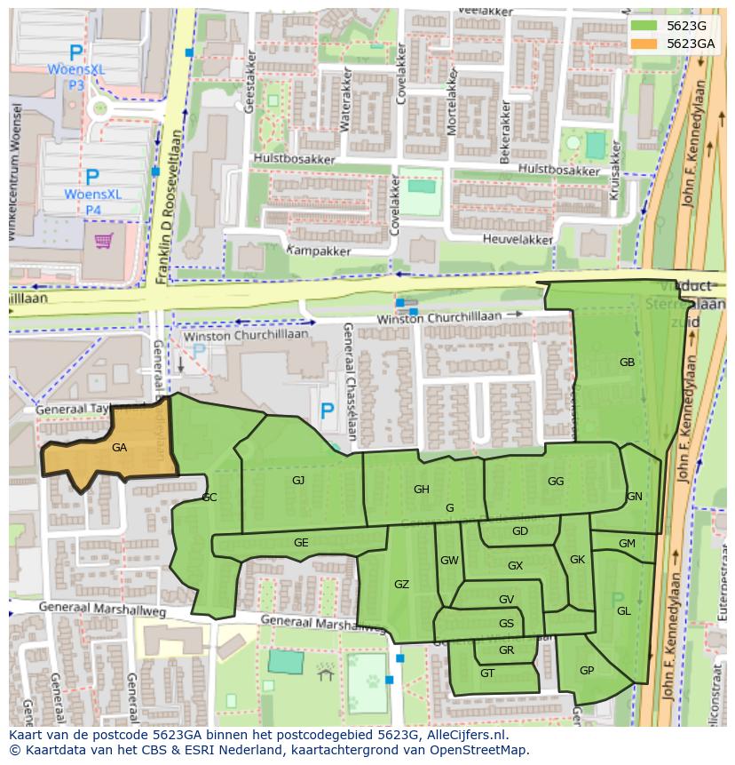 Afbeelding van het postcodegebied 5623 GA op de kaart.