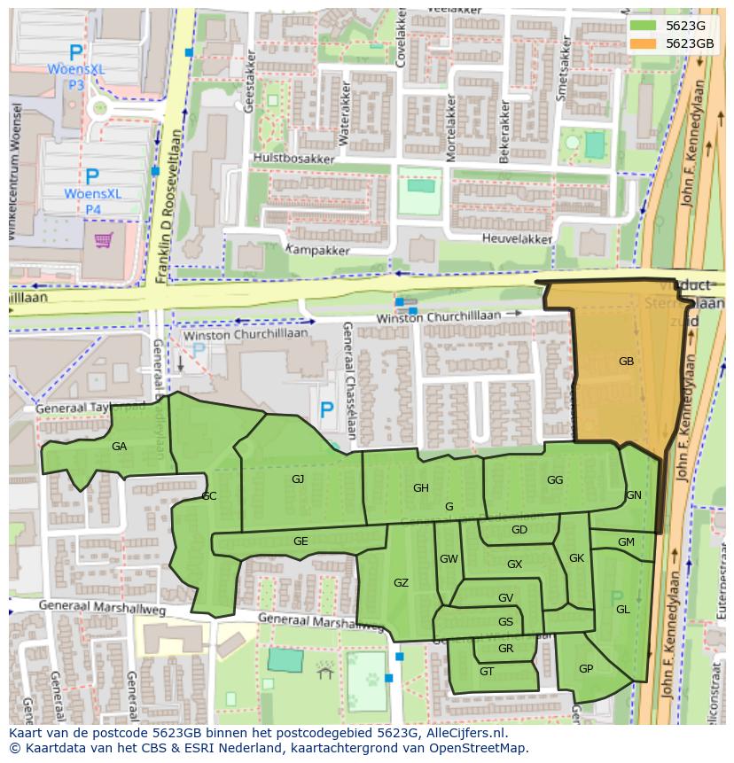 Afbeelding van het postcodegebied 5623 GB op de kaart.