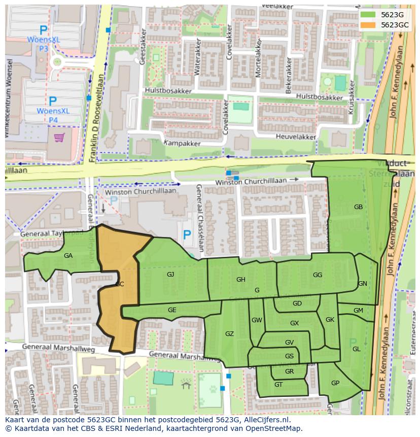 Afbeelding van het postcodegebied 5623 GC op de kaart.