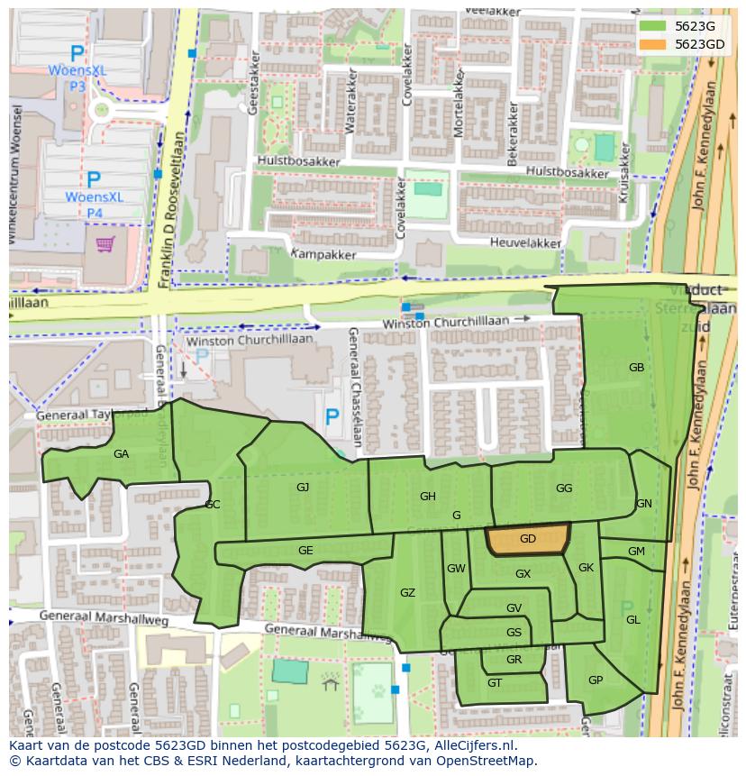 Afbeelding van het postcodegebied 5623 GD op de kaart.