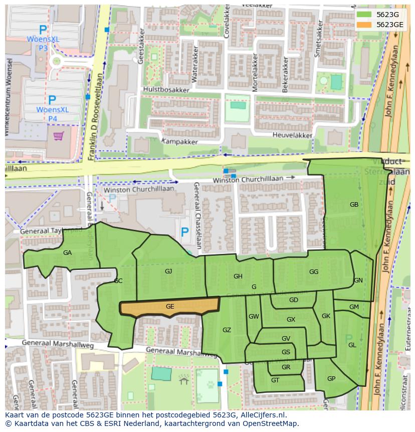 Afbeelding van het postcodegebied 5623 GE op de kaart.
