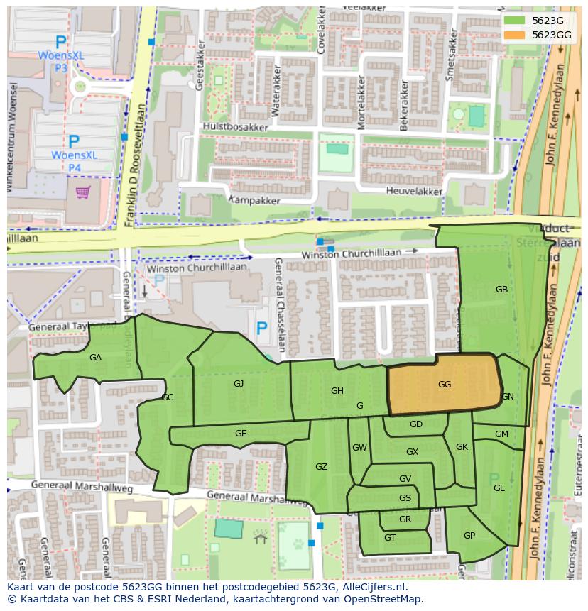 Afbeelding van het postcodegebied 5623 GG op de kaart.