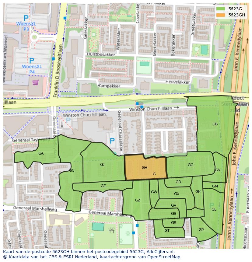 Afbeelding van het postcodegebied 5623 GH op de kaart.
