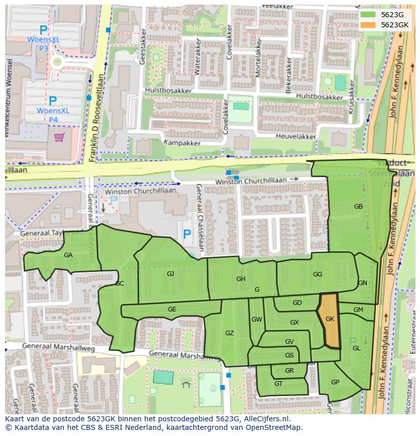 Afbeelding van het postcodegebied 5623 GK op de kaart.