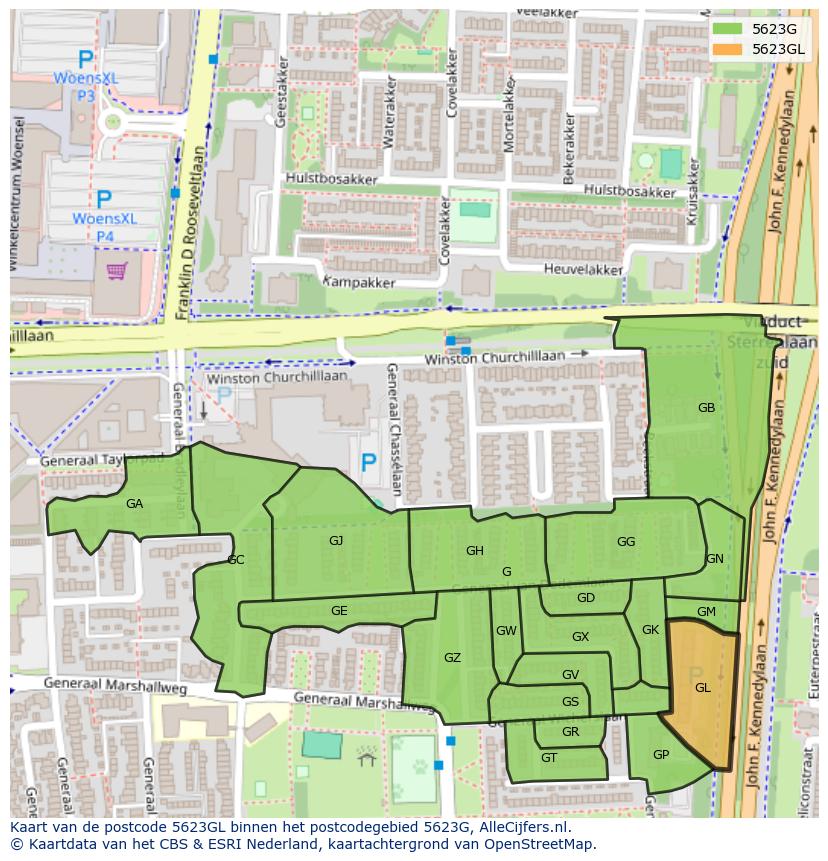 Afbeelding van het postcodegebied 5623 GL op de kaart.