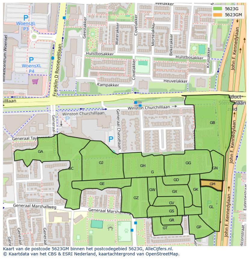 Afbeelding van het postcodegebied 5623 GM op de kaart.