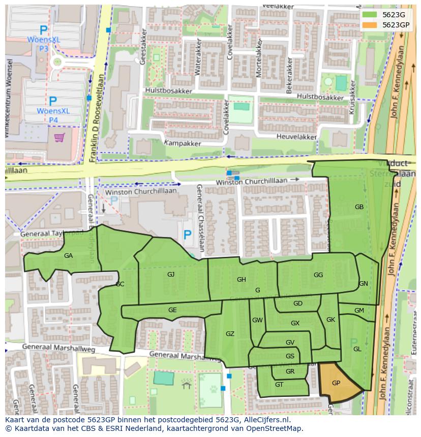 Afbeelding van het postcodegebied 5623 GP op de kaart.
