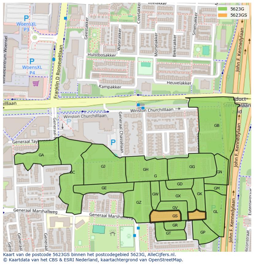 Afbeelding van het postcodegebied 5623 GS op de kaart.