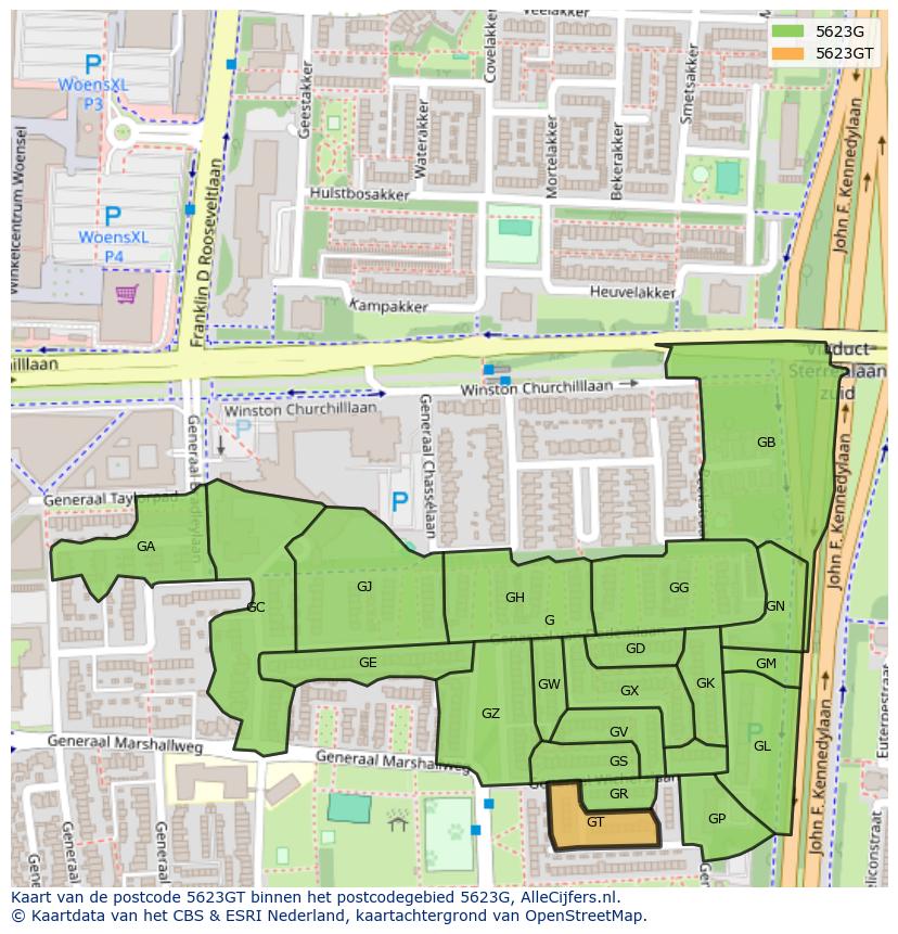 Afbeelding van het postcodegebied 5623 GT op de kaart.