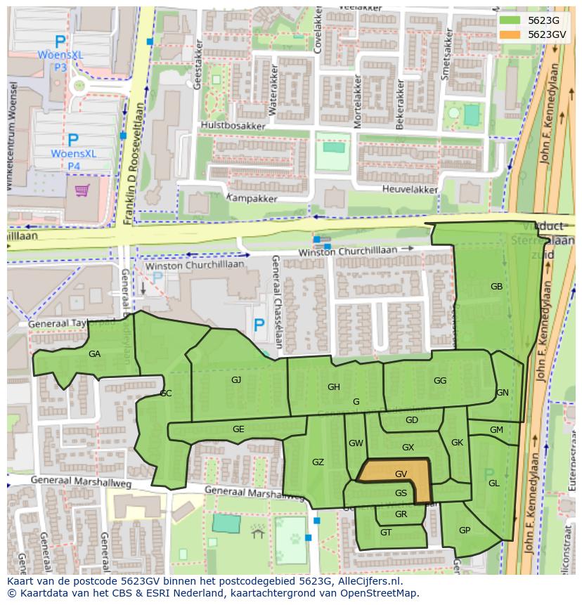 Afbeelding van het postcodegebied 5623 GV op de kaart.