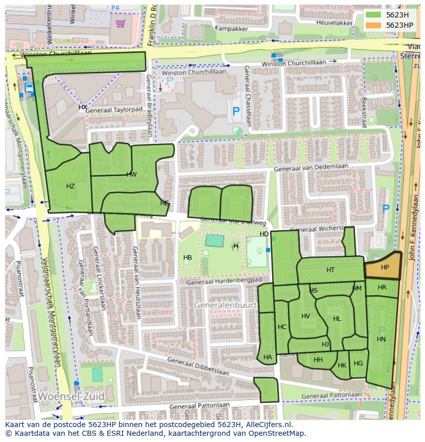 Afbeelding van het postcodegebied 5623 HP op de kaart.