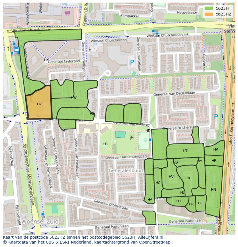 Afbeelding van het postcodegebied 5623 HZ op de kaart.