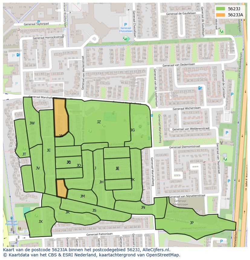 Afbeelding van het postcodegebied 5623 JA op de kaart.