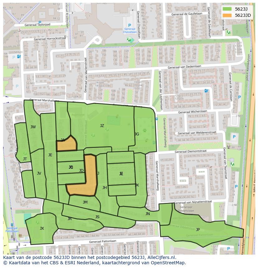 Afbeelding van het postcodegebied 5623 JD op de kaart.