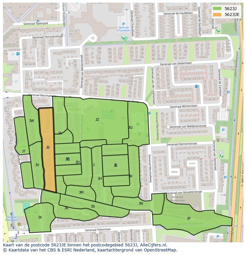Afbeelding van het postcodegebied 5623 JE op de kaart.