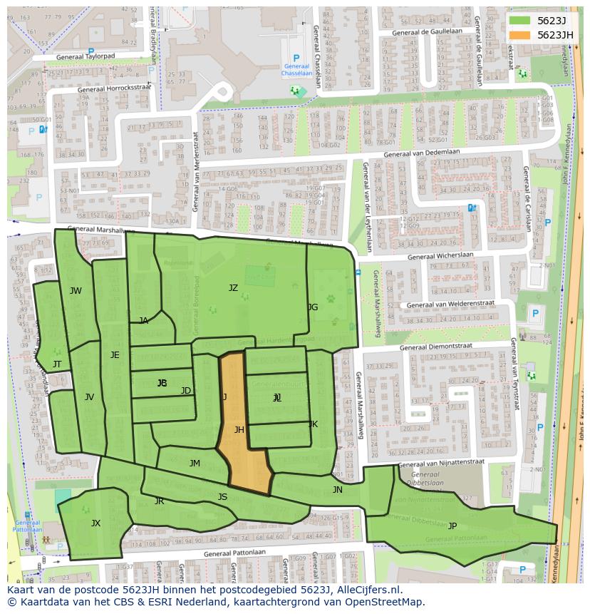 Afbeelding van het postcodegebied 5623 JH op de kaart.