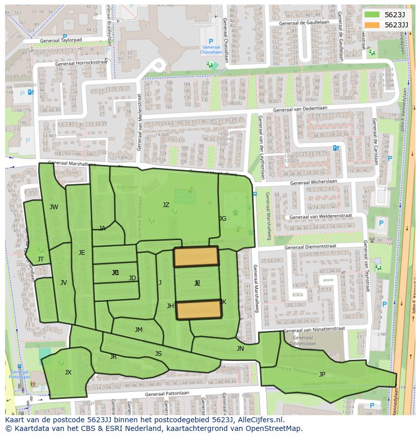 Afbeelding van het postcodegebied 5623 JJ op de kaart.