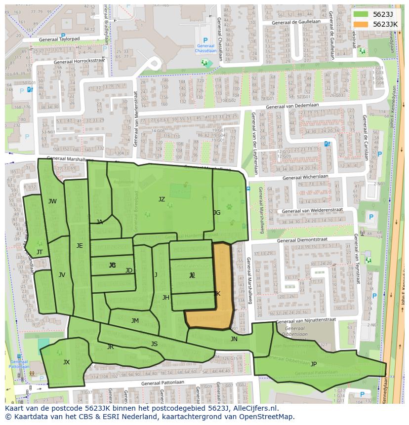 Afbeelding van het postcodegebied 5623 JK op de kaart.