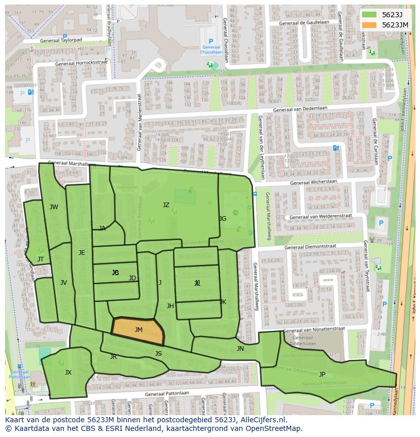 Afbeelding van het postcodegebied 5623 JM op de kaart.