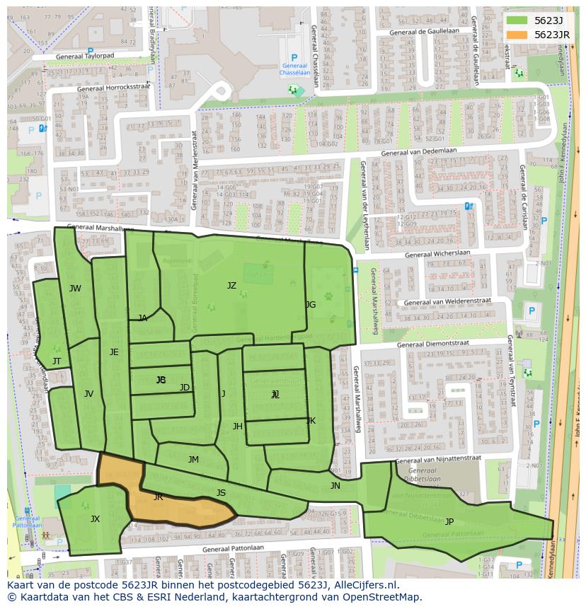 Afbeelding van het postcodegebied 5623 JR op de kaart.