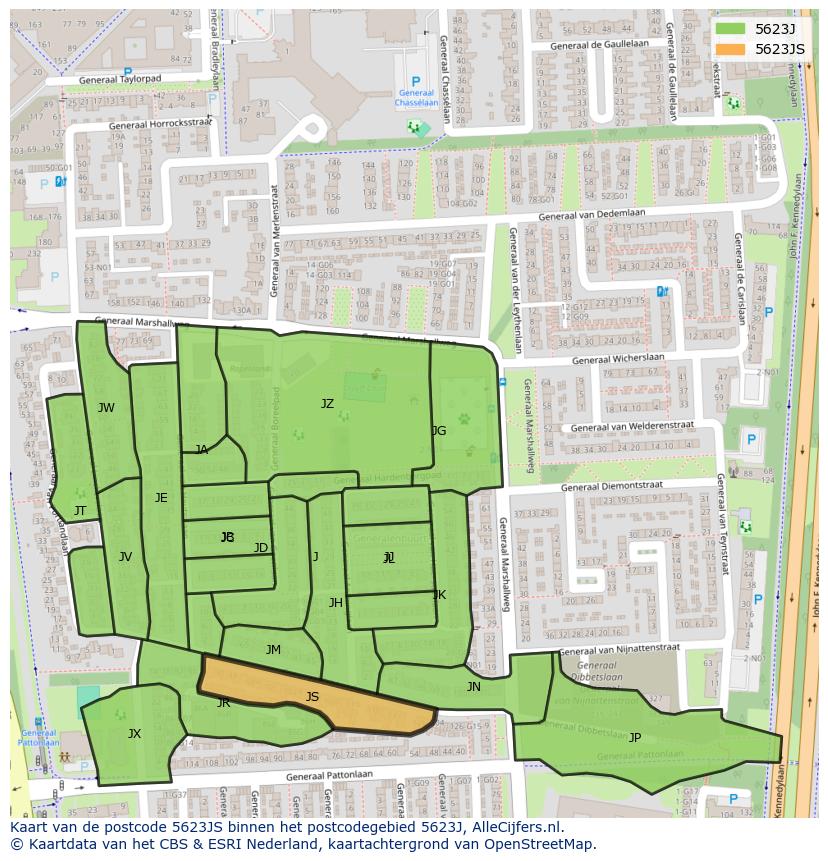 Afbeelding van het postcodegebied 5623 JS op de kaart.