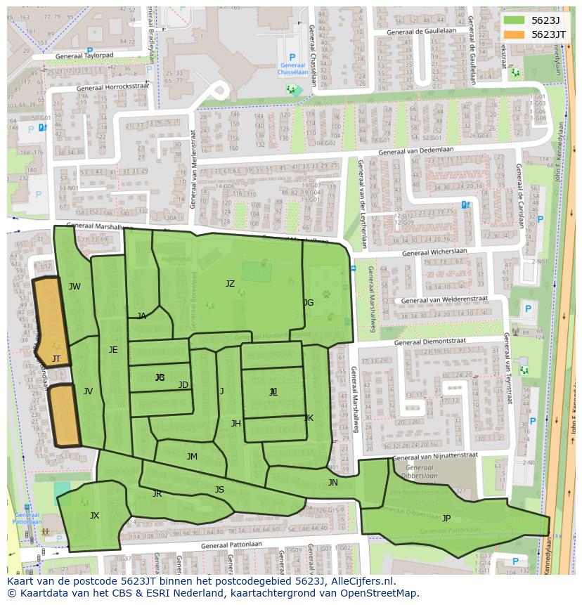 Afbeelding van het postcodegebied 5623 JT op de kaart.
