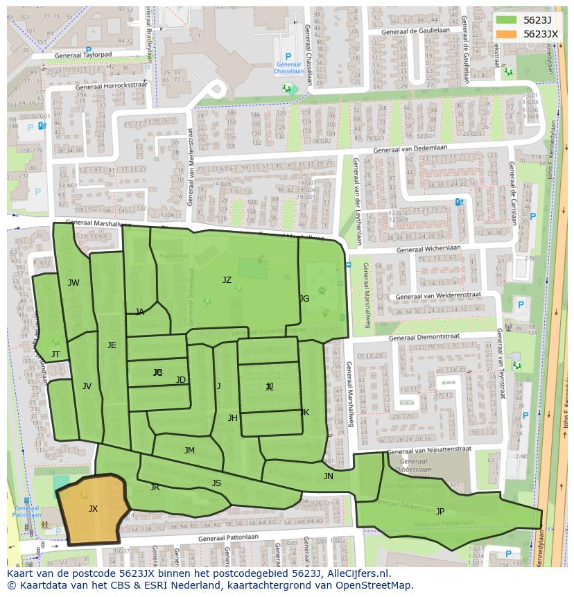 Afbeelding van het postcodegebied 5623 JX op de kaart.