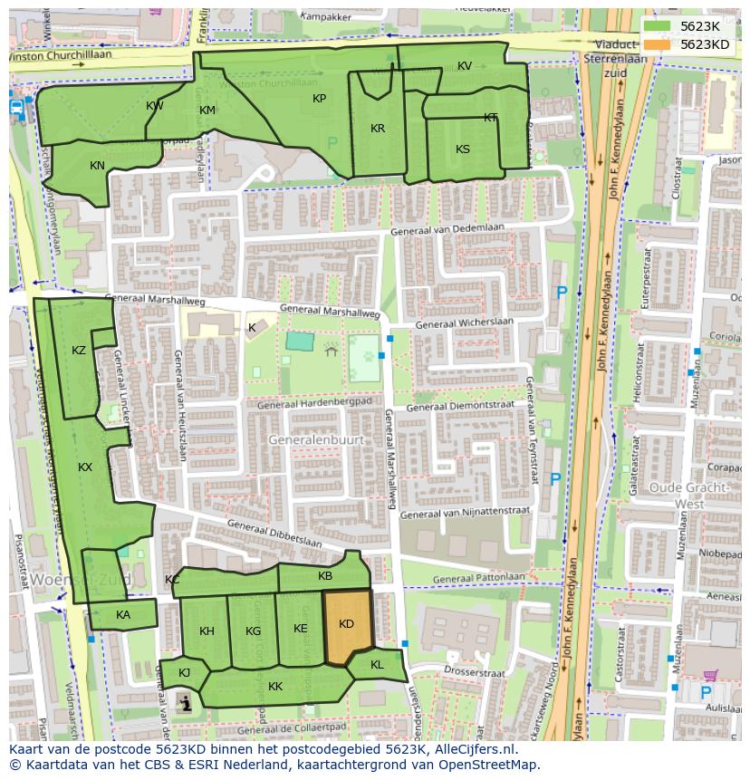 Afbeelding van het postcodegebied 5623 KD op de kaart.
