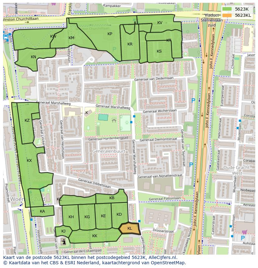 Afbeelding van het postcodegebied 5623 KL op de kaart.