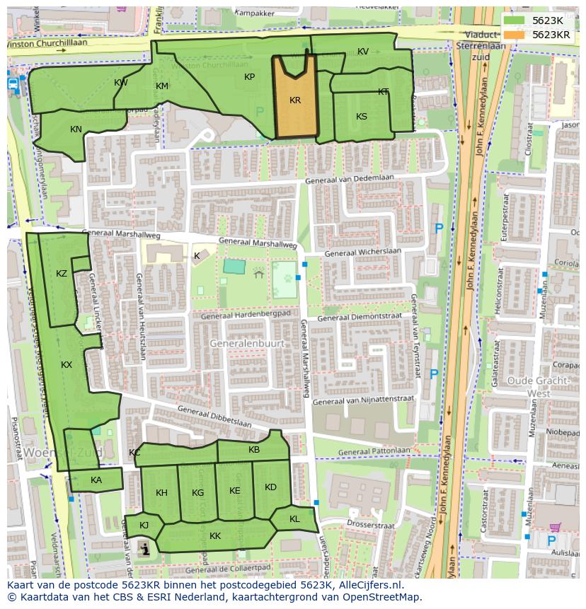 Afbeelding van het postcodegebied 5623 KR op de kaart.